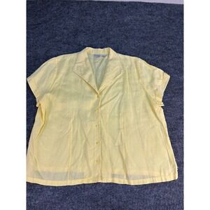 Kim Rogers Signature Womens 3X Yellow 100% Linen Button Up Short Sleeve Blouse